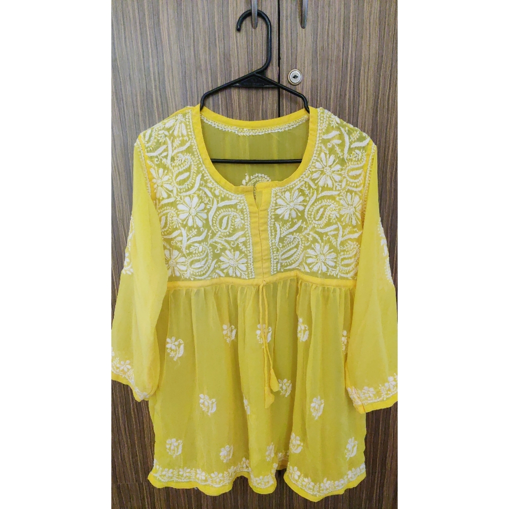 Yellow chikankari kurti - Picture 1 of 4